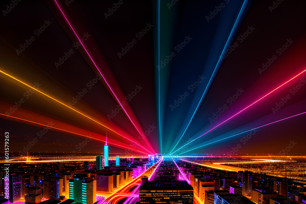Neon glowing outlined illustration of colorful cityscape panorama