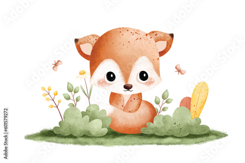 Watercolor Illustration cute baby fox sits on grass with butterflies and flowers