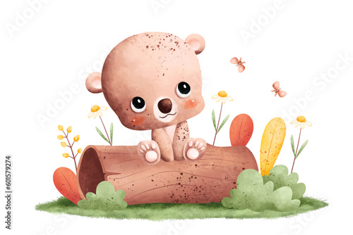 Watercolor Illustration cute baby bear sits on logwood with butterflies and flowers photo