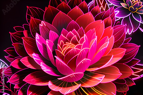 Neon glowing outlined illustration of colorful flower.