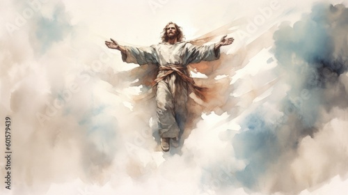 Jesus Christ Son of God in glory in heaven. Watercolor Generative AI.