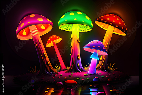 Neon glowing outlined illustration of colorful magic mushrooms