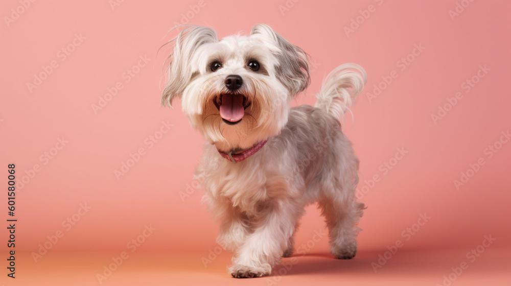 Pastel puppies. Happy dog laughing on plain pastel background. Cute happy dog jumping with open mouth. Images of happy and funny dogs. mage generated by AI. Pastel puppies. Happy dog laughing on plain pastel background. Cute happy dog jumping with open mouth. Images of happy and funny dogs. mage generated by AI.