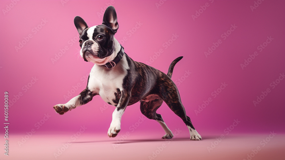 Pastel puppies. Happy dog ​​laughing on plain pastel background. Cute happy dog ​​jumping with open mouth. Images of happy and funny dogs. mage generated by AI.
