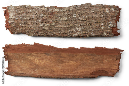 Schilderij op canvas outermost layer of tree trunk, reddish brown hardwood tree bark isolated, both s