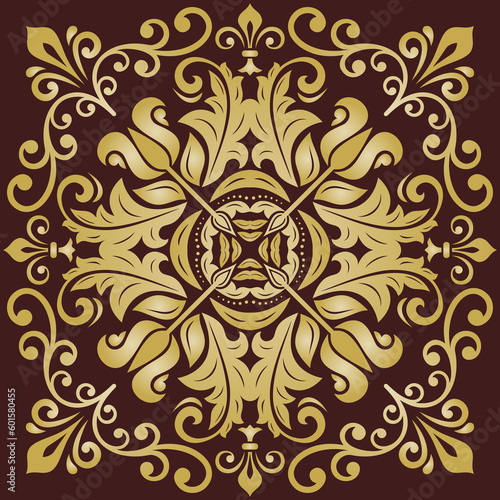 Oriental brown and golden pattern with arabesques and floral elements. Traditional classic ornament. Vintage pattern with arabesques