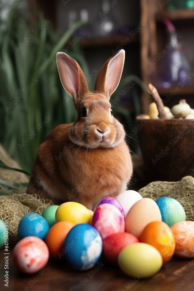 The Easter bunny has many colorful eggs and is happy. (Generative AI)