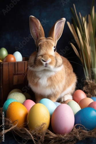 The Easter bunny has many colorful eggs and is happy. (Generative AI) © HandmadePictures
