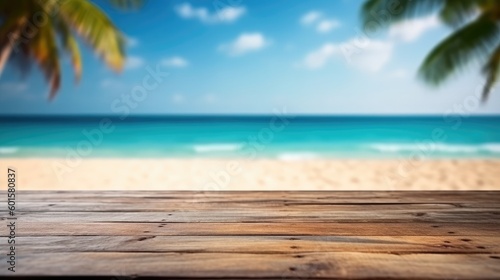 A tropical beach background with an empty wooden table makes a perfect summer holiday background for product display. (Generative AI) © HandmadePictures