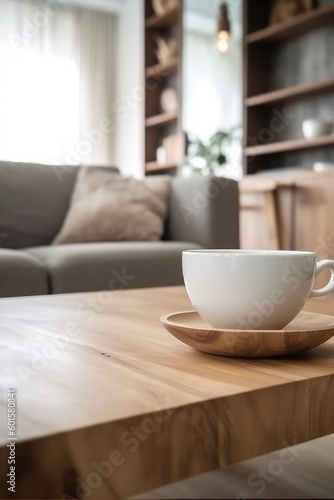 A white coffee cup on a wooden table top with living room background provides copy space for home concept. (Generative AI) © HandmadePictures