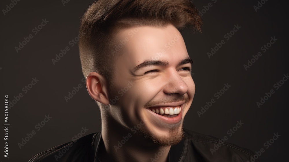 Close up portrait of a smiling young man on a gray background.Generative Ai Close up portrait of a smiling young man on a gray background.Generative Ai