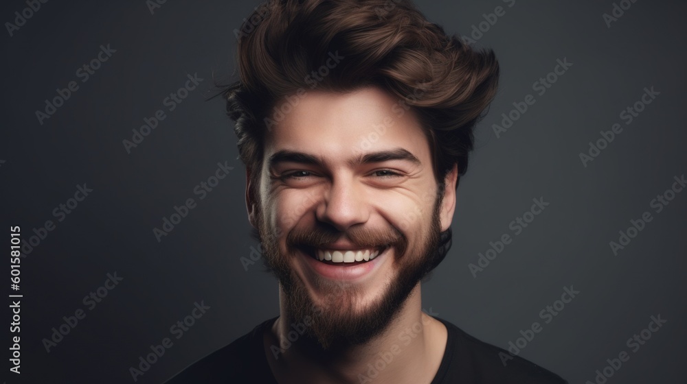 Fototapeta premium Close up portrait of a smiling young man on a gray background.Generative Ai