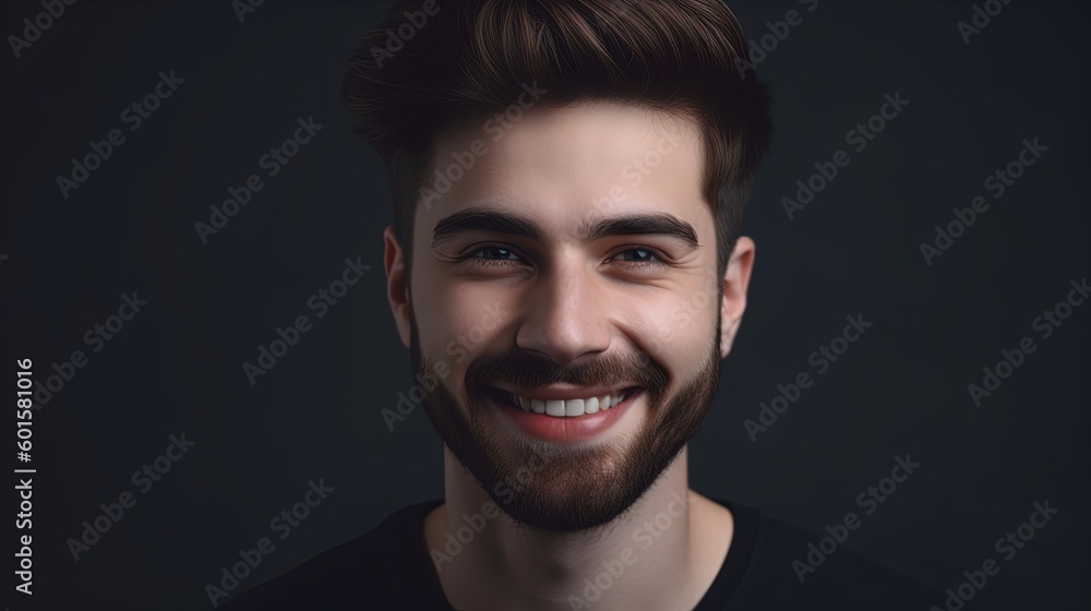 Close up portrait of a smiling young man on a gray background.Generative Ai