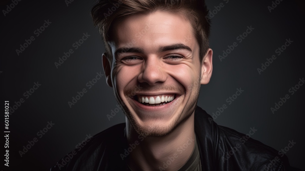 Fototapeta premium Close up portrait of a smiling young man on a gray background.Generative Ai