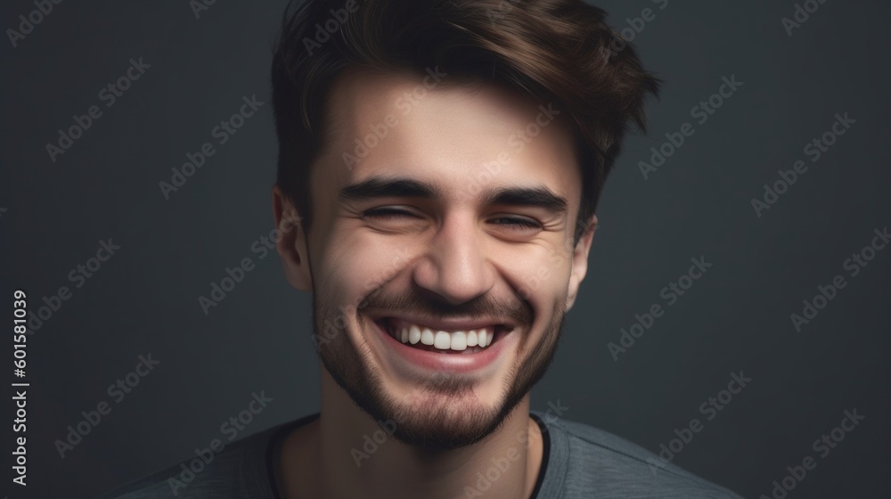 Close up portrait of a smiling young man on a gray background.Generative Ai Close up portrait of a smiling young man on a gray background.Generative Ai