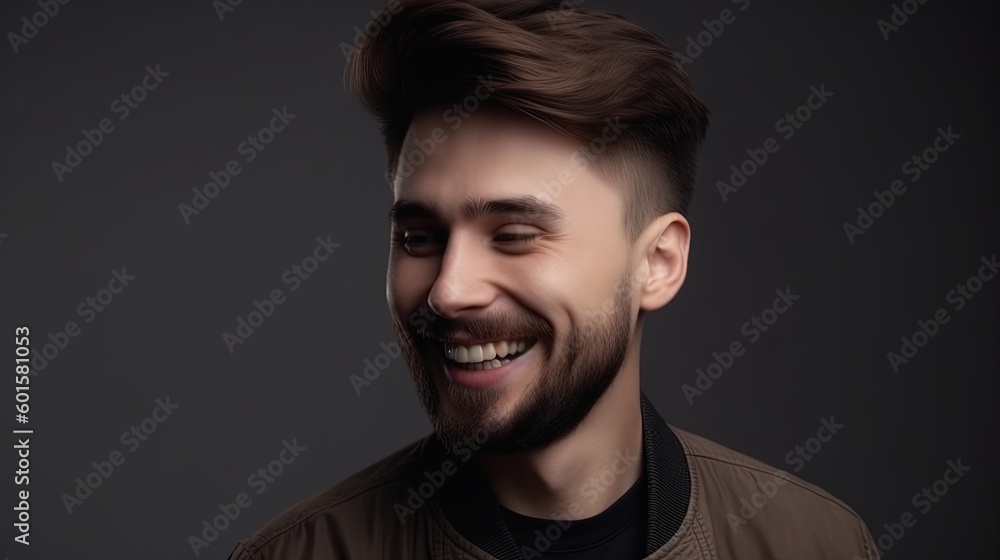Fototapeta premium Close up portrait of a smiling young man on a gray background.Generative Ai