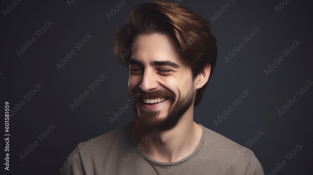 Fototapeta premium Close up portrait of a smiling young man on a gray background.Generative Ai