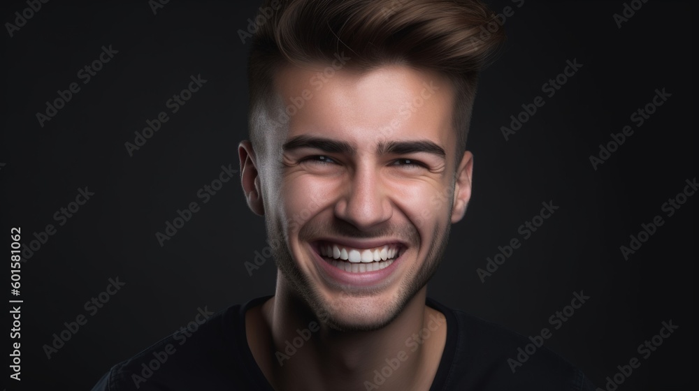 Close up portrait of a smiling young man on a gray background.Generative Ai Close up portrait of a smiling young man on a gray background.Generative Ai