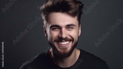 Close up portrait of a smiling young man on a gray background.Generative Ai © Rudsaphon