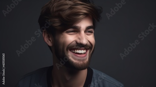 Close up portrait of a smiling young man on a gray background.Generative Ai © Rudsaphon