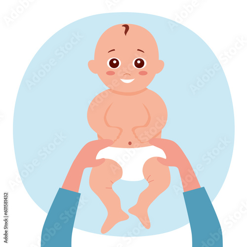 Mom changing a baby diaper in flat design on white background.
