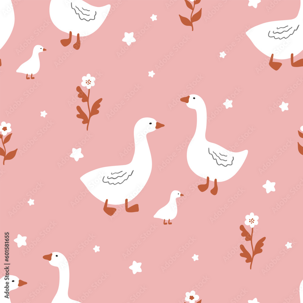 Seamless pattern of geese. Cute vector illustration in a simple hand drawn cartoon style. Simple baby cartoon style perfect for textiles, baby shower fabrics. Seamless pattern of geese. Cute vector illustration in a simple hand drawn cartoon style. Simple baby cartoon style perfect for textiles, baby shower fabrics.