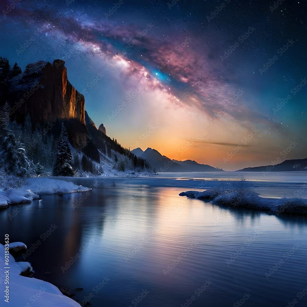 galaxy seen from earth. there is a river and some mountains big mountains with snow and sun hitting the image making the image more beautiful