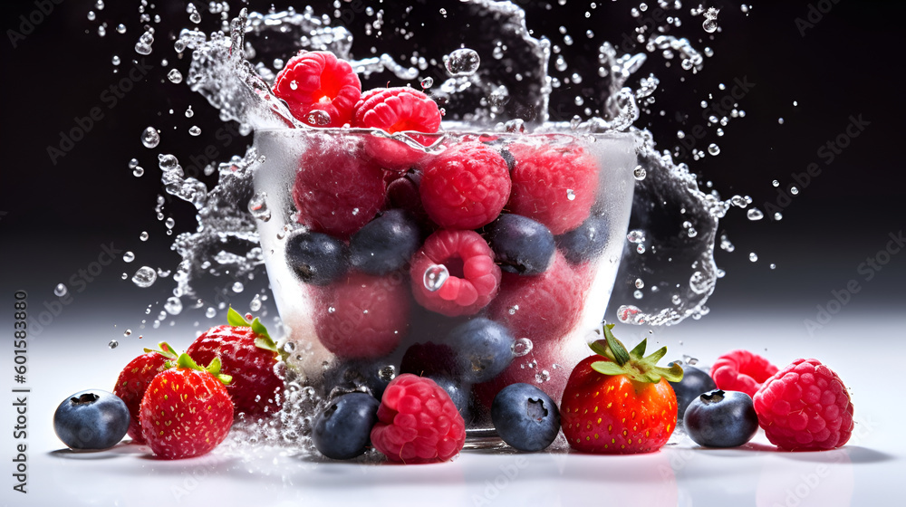 Mixed berries, water and ice crashing together in a glass for a cocktail or refreshing drinks. Created using generative AI tools Mixed berries, water and ice crashing together in a glass for a cocktail or refreshing drinks. Created using generative AI tools