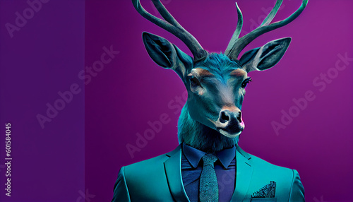 Deer head on solid color formal suit with pant. solid color background. Ai generated image