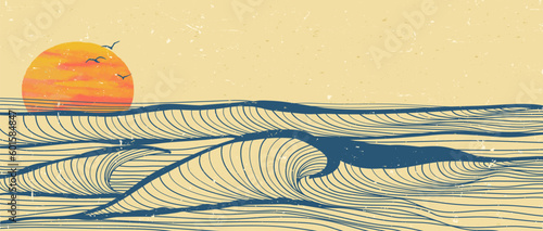 Ocean wave landscape illustration. Creative minimalist modern line art print. Abstract contemporary aesthetic backgrounds landscapes. with Ocean, sea, skyline, wave and sunset