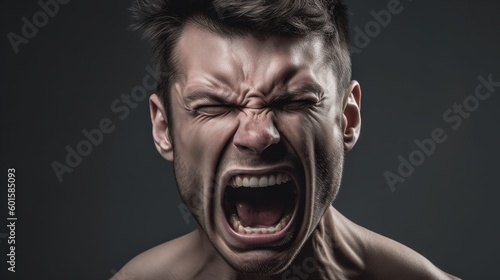 Close-up portrait of a Muscular man shouting on dark background.Generative Ai © Rudsaphon