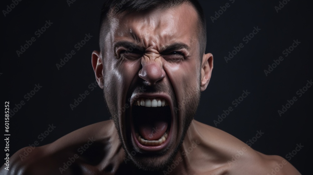 Close-up portrait of a Muscular man shouting on dark background.Generative Ai Close-up portrait of a Muscular man shouting on dark background.Generative Ai