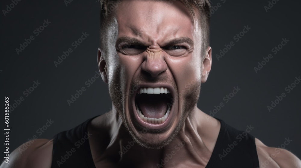Close-up portrait of a Muscular man shouting on dark background.Generative Ai Close-up portrait of a Muscular man shouting on dark background.Generative Ai