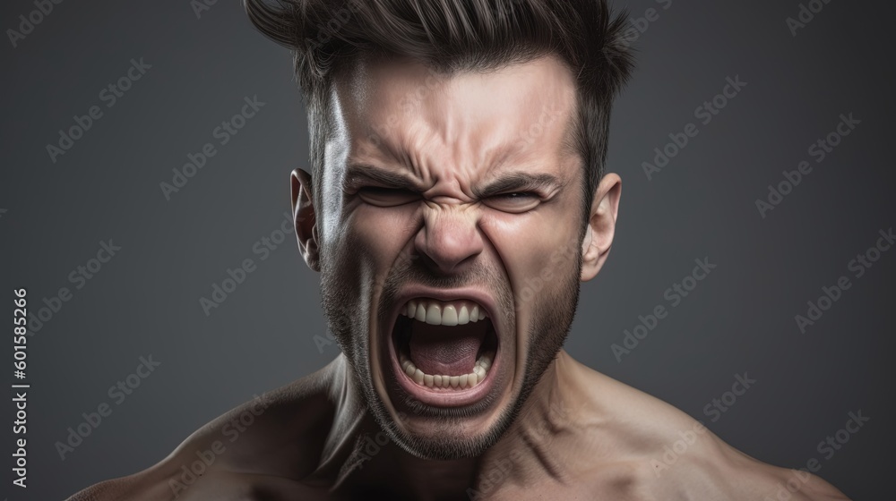 Close-up portrait of a Muscular man shouting on dark background.Generative Ai Close-up portrait of a Muscular man shouting on dark background.Generative Ai