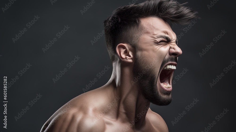 Close-up portrait of a Muscular man shouting on dark background.Generative Ai Close-up portrait of a Muscular man shouting on dark background.Generative Ai