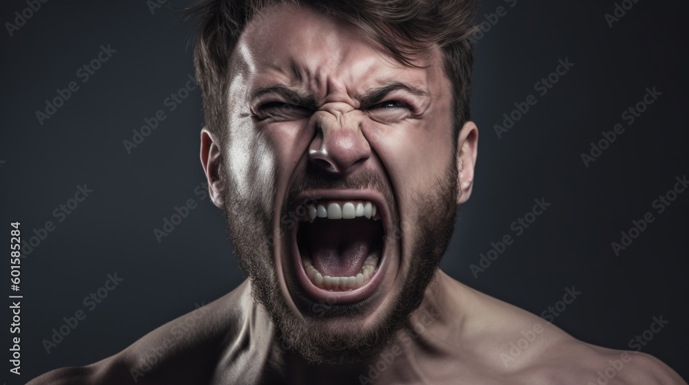 Close-up portrait of a Muscular man shouting on dark background.Generative Ai Close-up portrait of a Muscular man shouting on dark background.Generative Ai