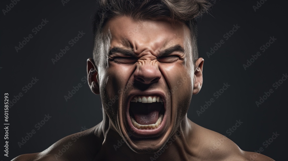 Close-up portrait of a Muscular man shouting on dark background.Generative Ai Close-up portrait of a Muscular man shouting on dark background.Generative Ai