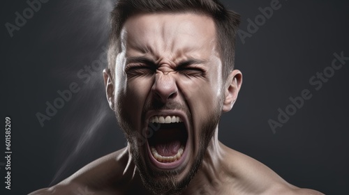 Close-up portrait of a Muscular man shouting on dark background.Generative Ai