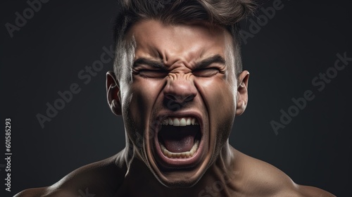 Close-up portrait of a Muscular man shouting on dark background.Generative Ai © Rudsaphon