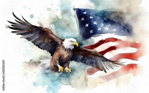 Bald eagle takes flight in front of the American flag in watercolor style createrd with Generative AI technology. American independence day