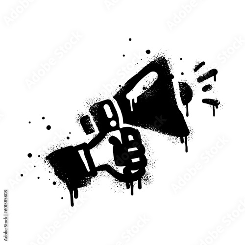 Hand is holding a megaphone or loud speaker. Spray painted graffiti megaphone on black over white. Demonstration, protest drip symbol. isolated on white background. vector illustration