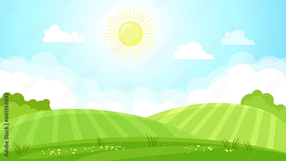 Vector background. Summer landscape with green field and sun in blue sky