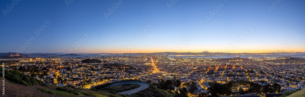 Panorama of the skyline of San Francisco in California before sunrise