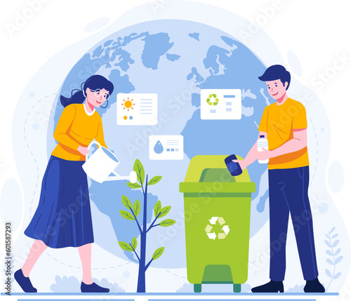 People Celebrate World Environment Day by taking care of the Earth. A Couple is Gardening and watering a tree and throwing garbage in its place. Vector Illustration