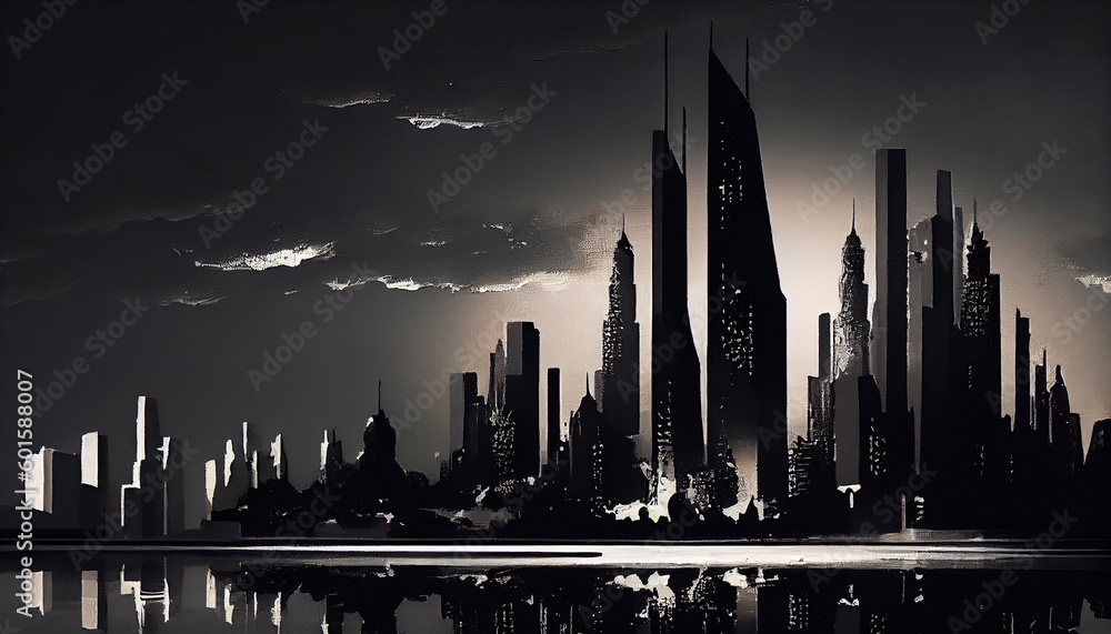 Cyberpunk Futuristic Cityscape with Skyline Digital Conceptual Illustration on Canvas Oil Painting AI Generative
