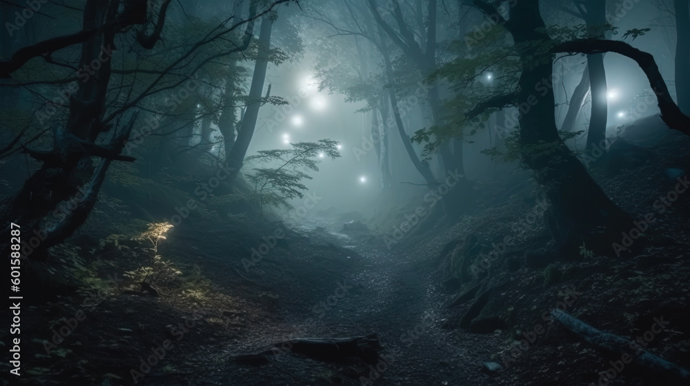 A Rift in Space In The Middle Of A Haunted Forest at Night Mist Fog Lens Flares AI Generative