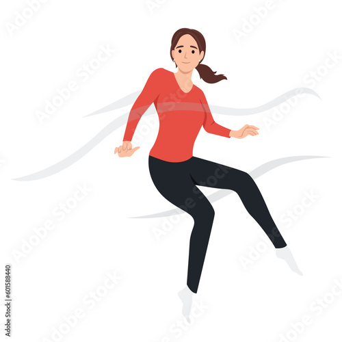 Woman walks in weightlessness and waves arms located among multi-colored drops flying in different directions. Carefree girl feels happy after dating or taking antidepressants. Flat vector