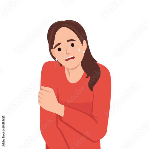Young woman depressed. Concept of mental disorder, sorrow and depression. Physical and emotional violence against women. Flat vector illustration isolated on white background