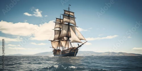 a sailing ship in the middle of the ocean