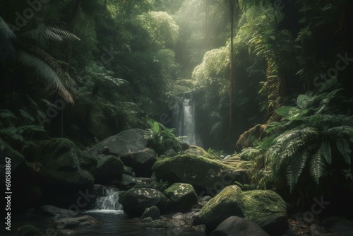 Waterfall in tropical forest. Generative AI